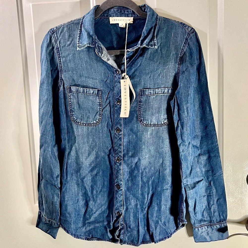 NWT Lovestitch Sz S Stockton Denim Shirt Distressed 100% Tencel Sustainable